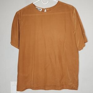 VTG OBLISK 100% silk mustard warm brown short sleeve blouse size Large Vintage